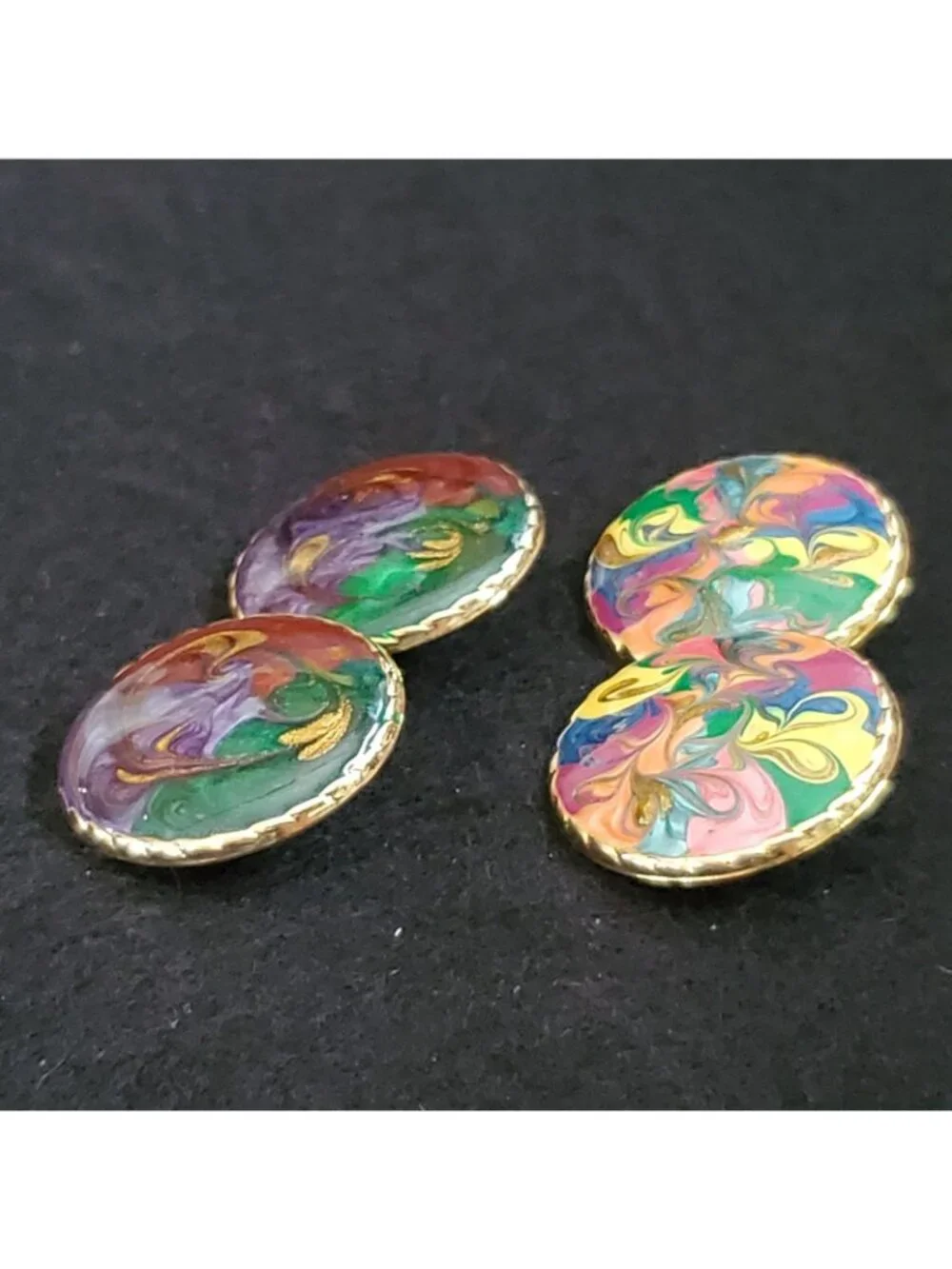 Vintage Enamel Earrings Colorful Swirl Round Pierced 2pr Retro 80s 1 1/8" - Picture 4 of 6